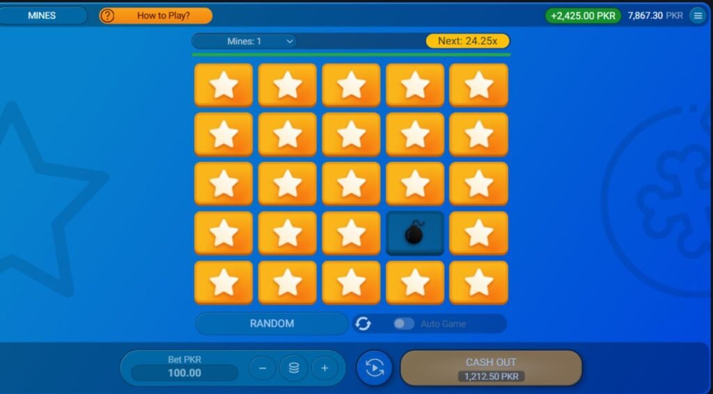 Player using high multiplier strategy in 777E Game Mines. Pakistan 2025